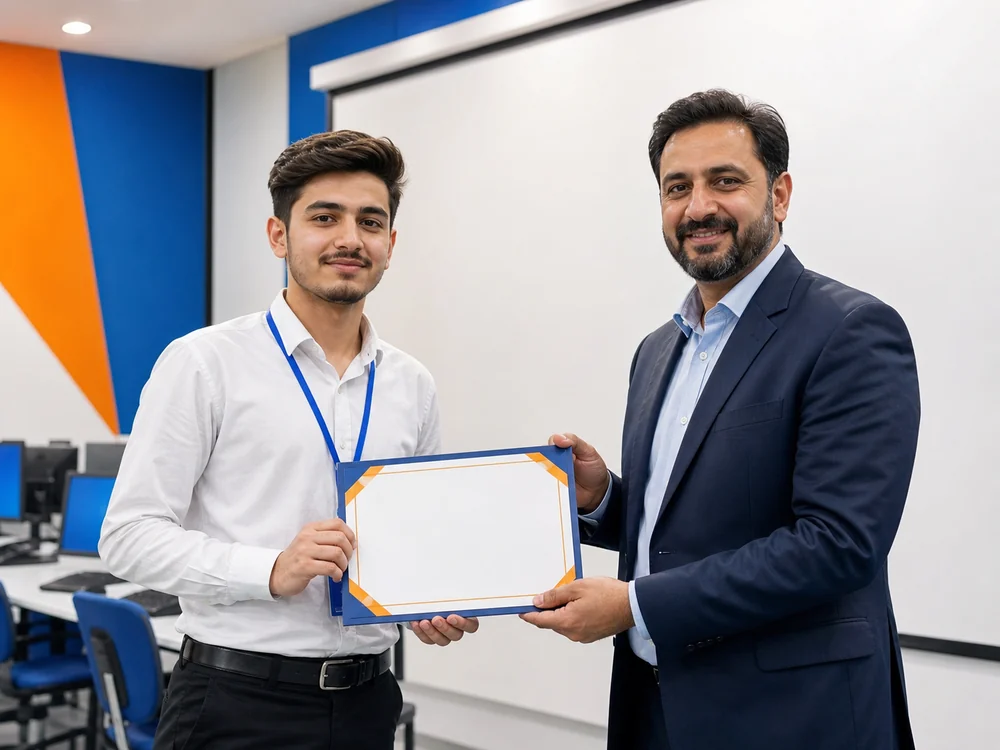 Pakistani student receiving a scholarship achievement certificate