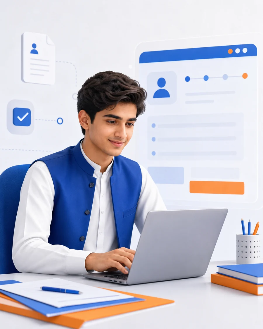 Pakistani student completing an online college application using a laptop